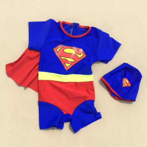 Boy Superman style one-piece sunscreen short sleeved swimsuit with swim cap