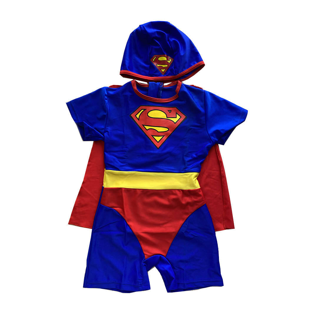 Boy Superman style one-piece sunscreen short sleeved swimsuit with swim cap