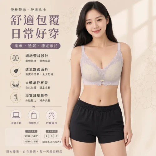 法式蕾絲蠶絲Q彈杯無鋼圈內衣